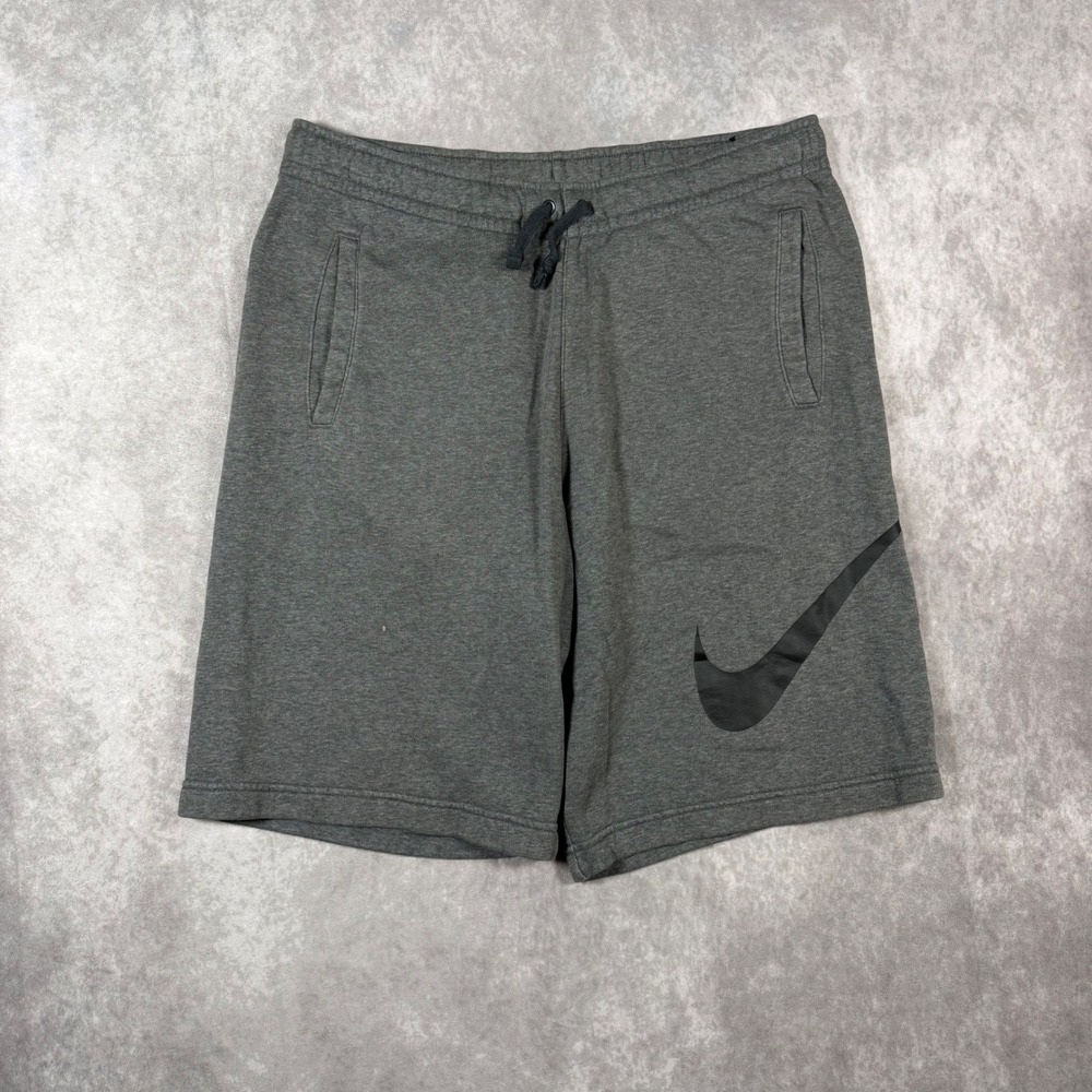 Nike Mens Medium Charcoal Grey Fleece Shorts Big Swoosh Gym Athleisure Lounge